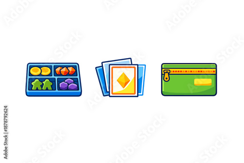 Board game icons: tokens, cards, and money wallet