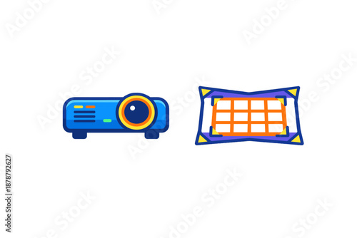 Projector and projection screen icons with blue neon glow