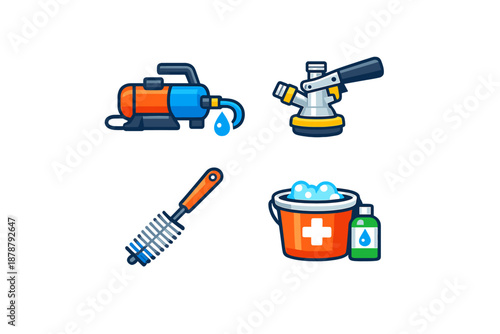 Set of cleaning and washing icons: pump, nozzle, brush, bucket
