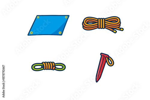Camping equipment icons: tarp, rope, and tent stake