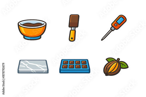 Chocolate making icons: bowl, spatula, thermometer, marble, mold