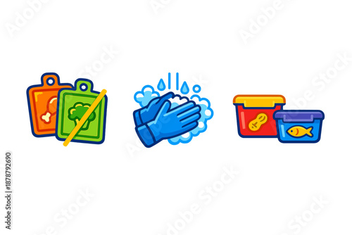 Food safety icons: separate cutting boards, hand washing, food