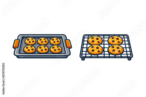 Chocolate chip cookies on baking tray and cooling rack