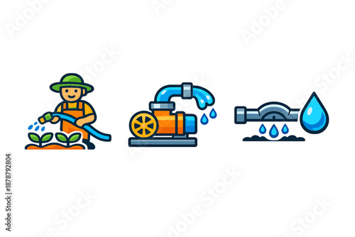 Gardening, Irrigation Pump, and Water Pipe Icons