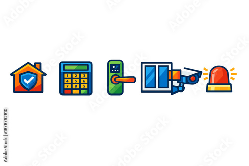 Home security icons: house, keypad, door, window, camera, alarm