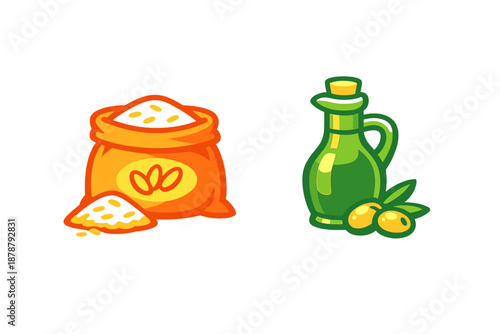 Bag of grain and bottle of olive oil with olives