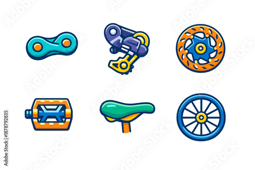 Collection of stylized bicycle parts icons on a dark background