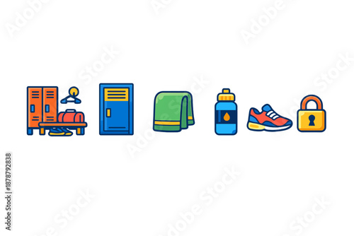 Gym and sports icons: lockers, towel, water bottle, shoe, padlock