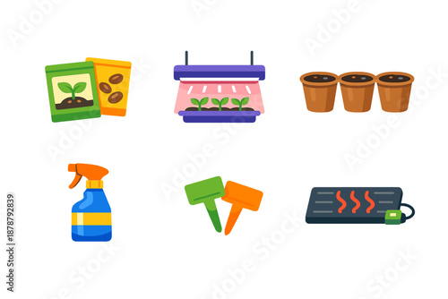 Gardening starter kit icons with glowing effects