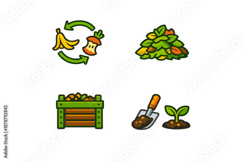 Composting process icons: waste recycling, pile, crate, and seedling