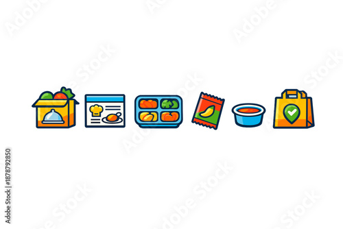 Food delivery icons set: box, recipe, meal, snack, sauce, bag