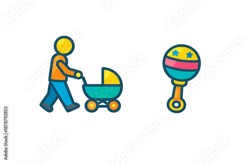 Person pushing baby stroller with rattle toy