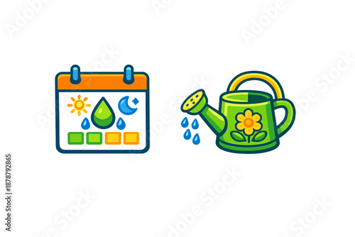 Gardening icons: calendar with weather and watering can