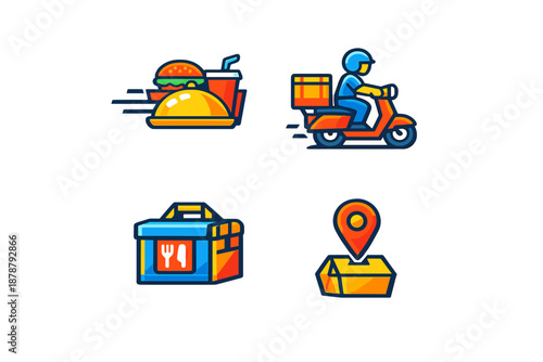 Food delivery icons: meal, scooter, box, and map pin