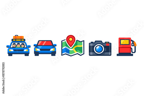 Travel icons: car, map, camera, and gas station
