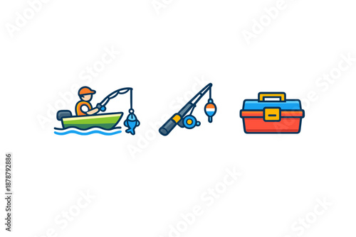 Fishing icons: boat, rod, and tackle box