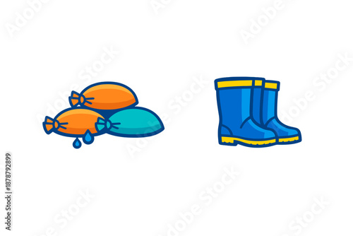 Flood protection sandbags and rain boots icon with neon glow