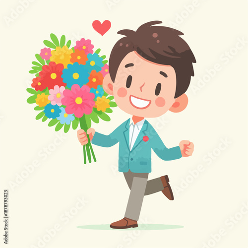 Cartoon character illustration of a man carrying flowers