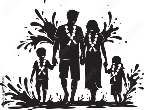 Family with flower leis walking artistic splash design on transparent background silhouette