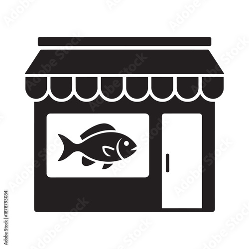 Simple black and white icon depicting a fish market storefront