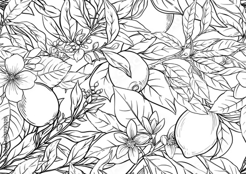 Lemons and tea leaves seamless coloring page. Botanical outline design with citrus fruits, blossoms, branches, and garden foliage for printable, kitchen, food, drink, textile, and wallpaper projects.