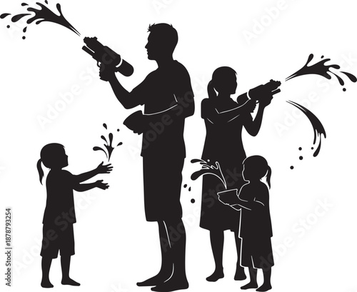 Family playing with water guns a charming silhouette on transparent background