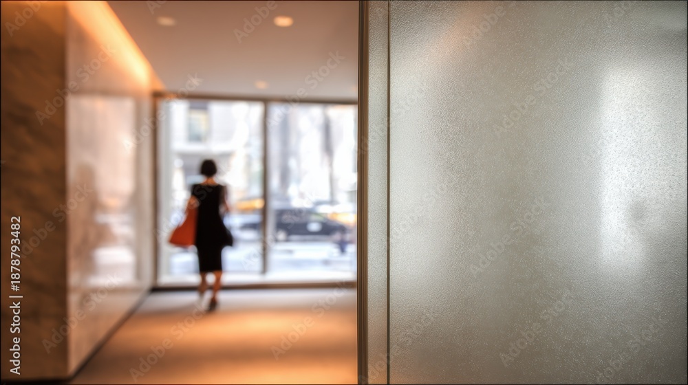 Fototapeta premium Shot of translucent vinyl decal on glass entrance medium framing highlights subtle branding while background remains out of focus for privacy.