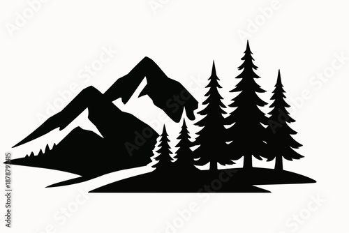 Vector illustration of a festive pine tree in a cold winter forest landscape featuring snow and a holiday sky for a Christmas celebration card design