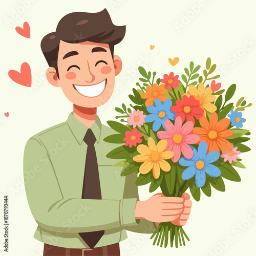 Cartoon character illustration of a man carrying flowers