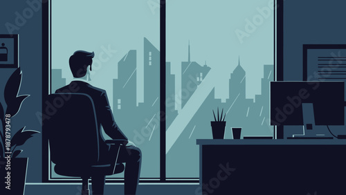 Silhouette of a Businessman in a Chair Gazing Out of an Office Window at a City Skyline at Dusk