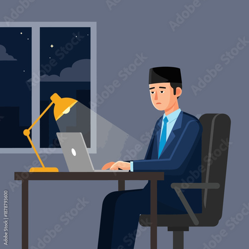 A tired Muslim businessman working late at night on his laptop in a dimly lit office with a desk lamp illuminating his workspace