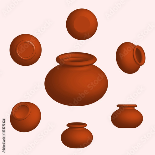 Pongal clay pot 360 degree view vector illustration