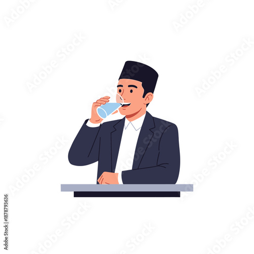 A Muslim man wearing a peci hat drinks water from a glass, illustrating healthy hydration and a moment of refreshment
