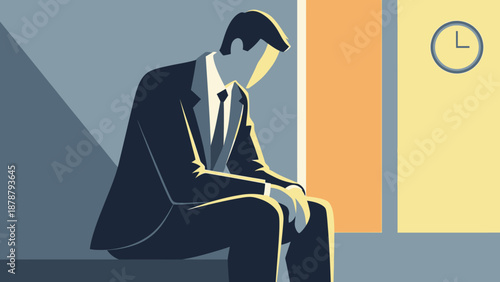 A businessman in a suit sits slumped over, looking down, with a clock on the wall behind him, symbolizing waiting or disappointment