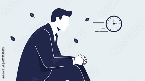 Man in suit sitting and looking at a clock symbolizing the passage of time and contemplation of life's journey