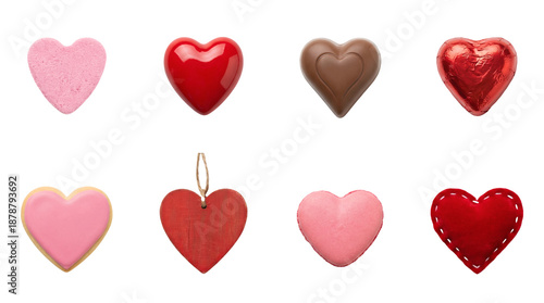 Heart shape collection set including chocolate, cookie, macaron, fabric, and wood ornaments. Valentine's day and love symbols.