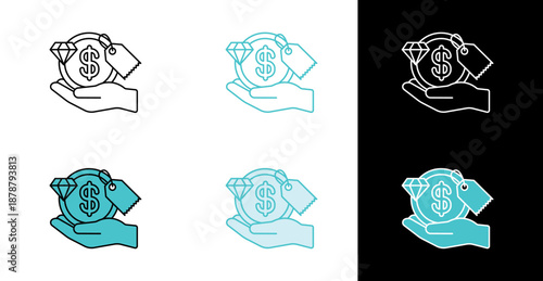 Hand with money coin and price tag icon for business and sales in line and fill style