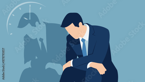 Business professional in suit looking dejected with clock shadow symbolizing pressure and deadlines in office environment