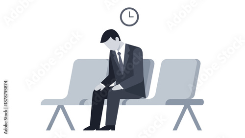 A businessman in a suit sits patiently waiting on a bench in a doctor's office or waiting room with a clock in the background indicating time passing