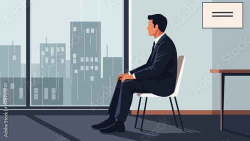 Man in formal suit sitting on a chair in an office, looking out of the window at the city skyline