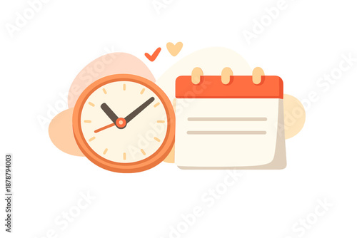 Clock and Calendar Icons with Check Mark and Heart