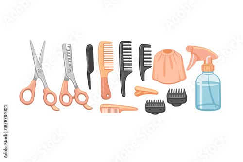 Hairdressing tools and accessories arranged on a gradient background