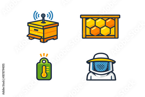 Beekeeping icons: beehive, honeycomb, thermometer, beekeeper