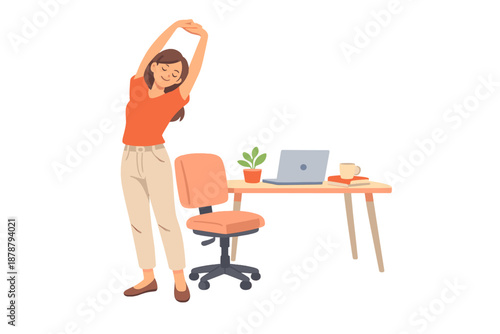 Woman stretching at her desk, office break