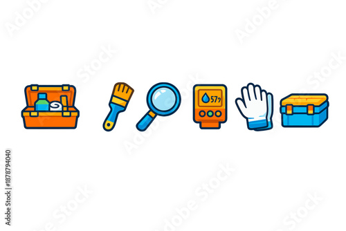 Icons of tools and equipment for cleaning and maintenance