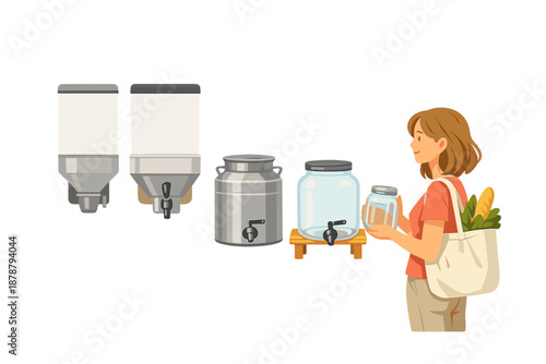 Woman filling jar with water from dispenser in bulk store