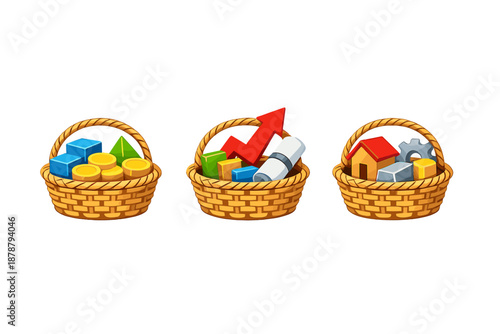 Three baskets with financial and business icons