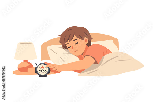 Child stopping alarm clock next to bed with bedside lamp