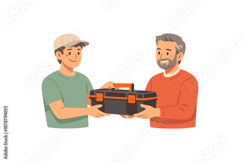 Young man hands a toolbox to an older man