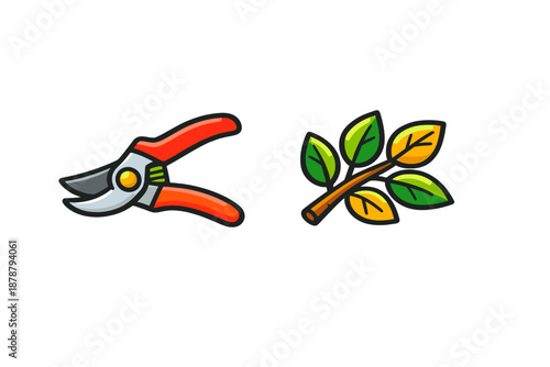 Pruning shears and a branch with leaves icon set